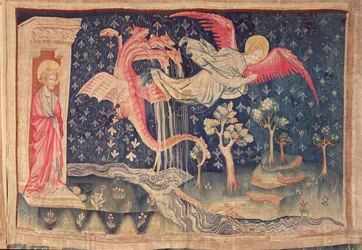 Lohikäärme jahtaa naista, Angersin Apocalypse Tapestry, 1373-87 (kuvakudos)